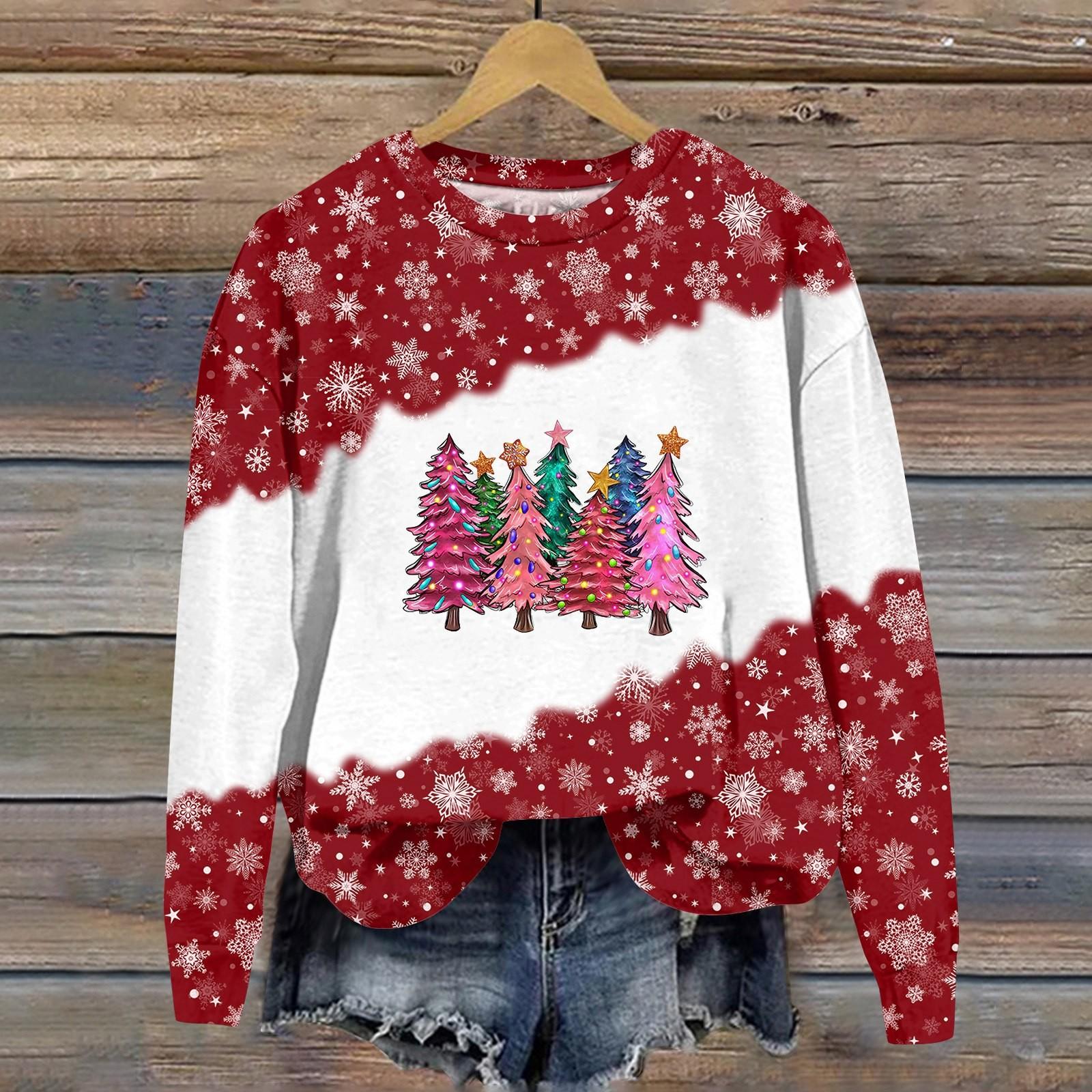 

Женская мода рождественский принт длинный рукав свободный круглый вырез толстовка топ осень XL