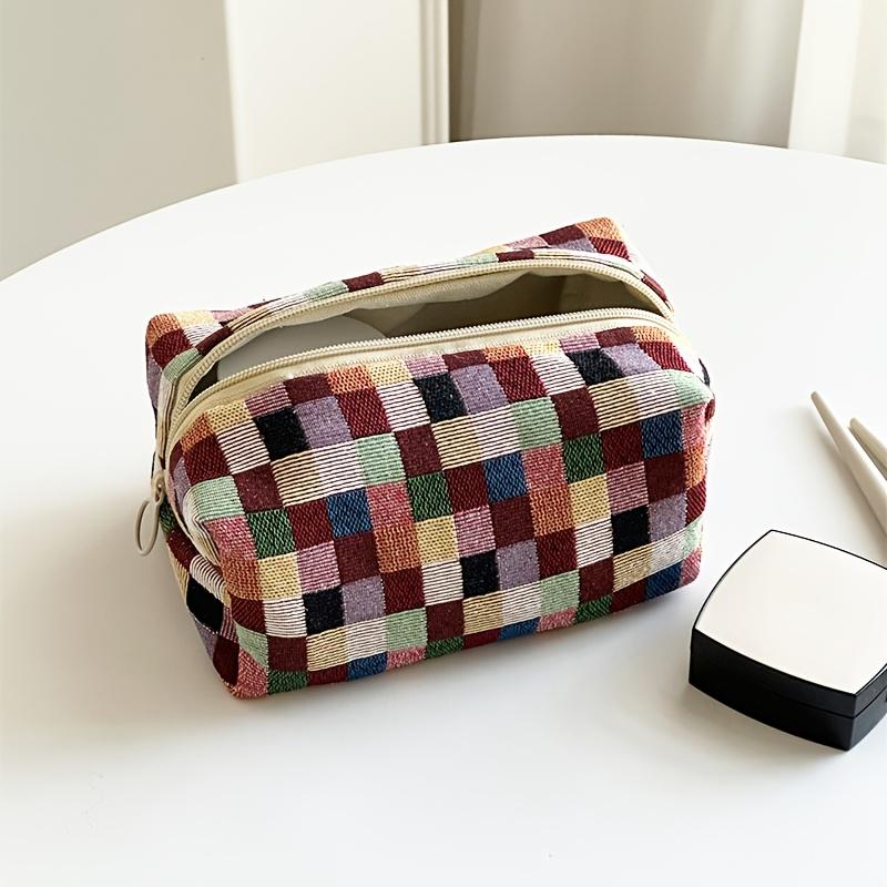 1pc Creative Retro Multicolor Plaid Pillow Bag, Essential Women's Travel Organizer for Skincare Products and Makeup Storage
