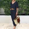 Pant Sets Linen Loose Women's Suit Short Sleeve V-Neck Top Long Pants Casual 2 Piece Set Female Fashion Ladies Clothes