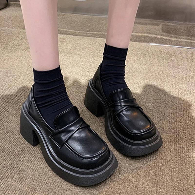 British Style Platform Loafers Women 2024 Round Toe Thick Bottom Single Shoes Woman Leather Chunky Heels Black Mary Janes Shoes