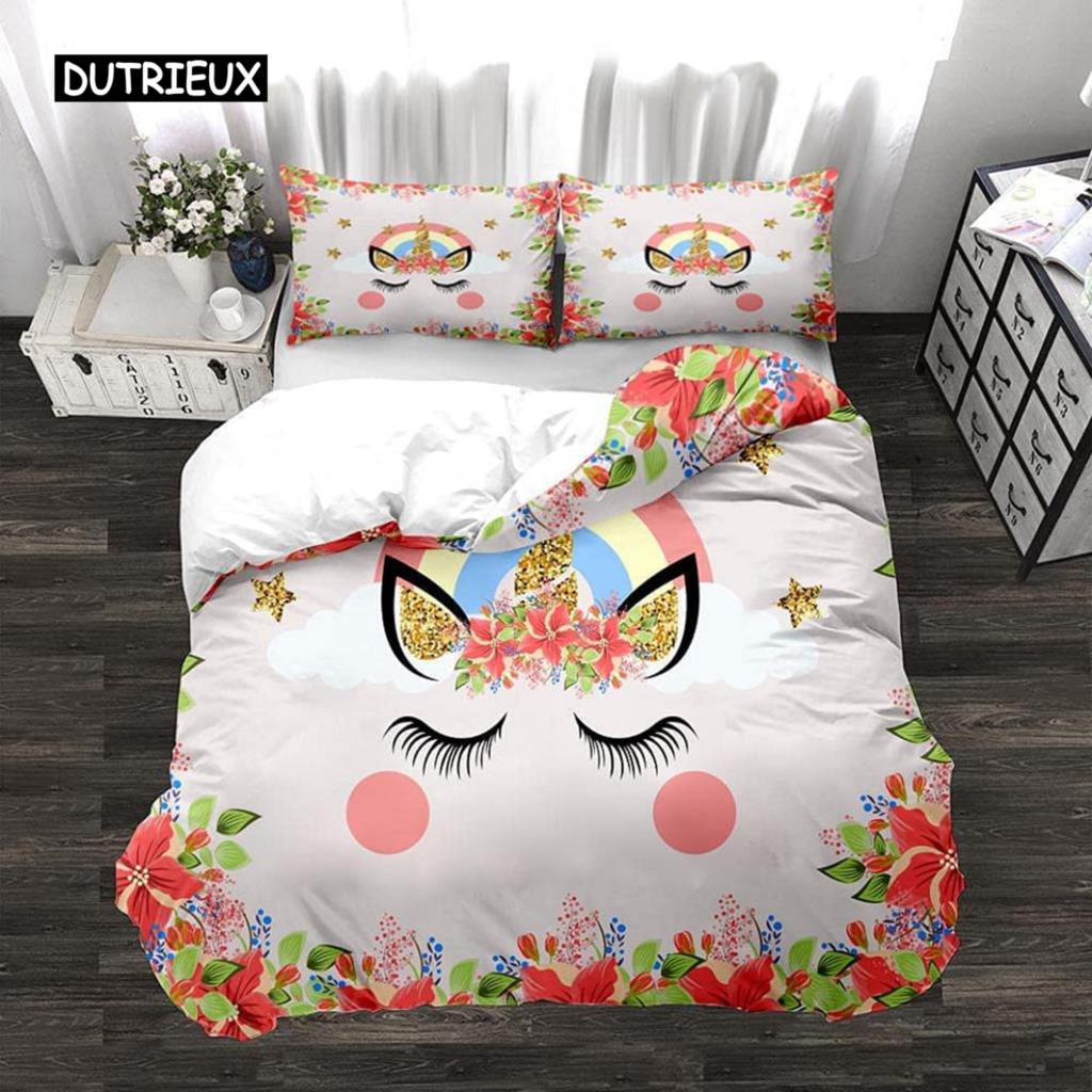 Unicorn Duvet Cover Set Cartoon Animal Galaxy Star Floral Bedding Set for Kids Girls Polyester Romantic Theme Comforter Cover