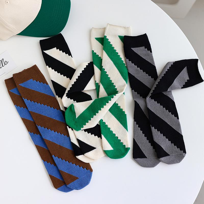 Diagonal Striped Personalized Hole Socks for Women, Mid-calf Socks, Cotton Spring Sweat-absorbing Striped Thigh-high Socks