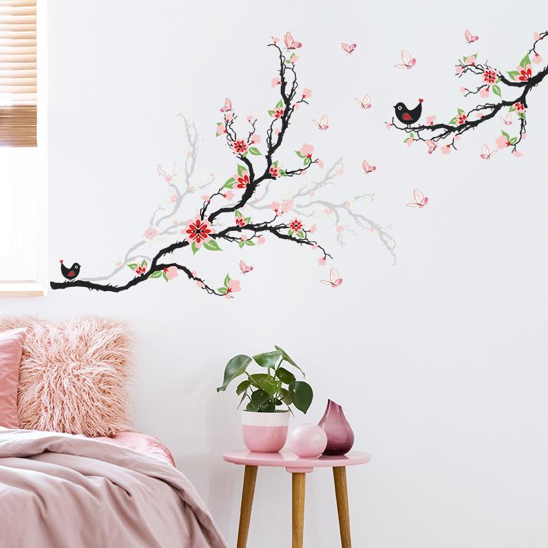 Branch Bird Butterfly Flower Wall Stickers, Nature Scene Removable Decals for Bedroom Living Room Entrance Wall Decor