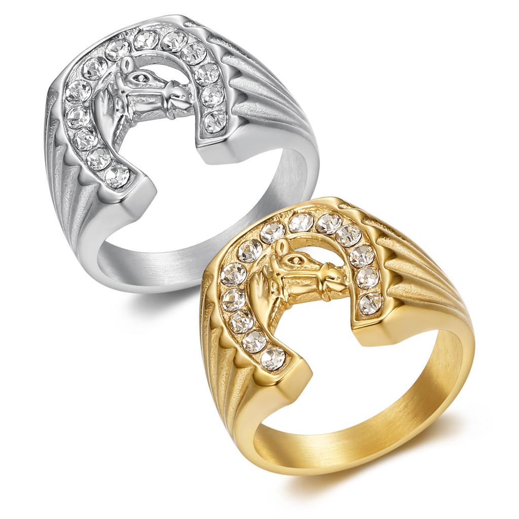 New Hip-Hop Jewelry Titanium Steel Gold-Plated Diamond-Studded Horse Head Men's Ring