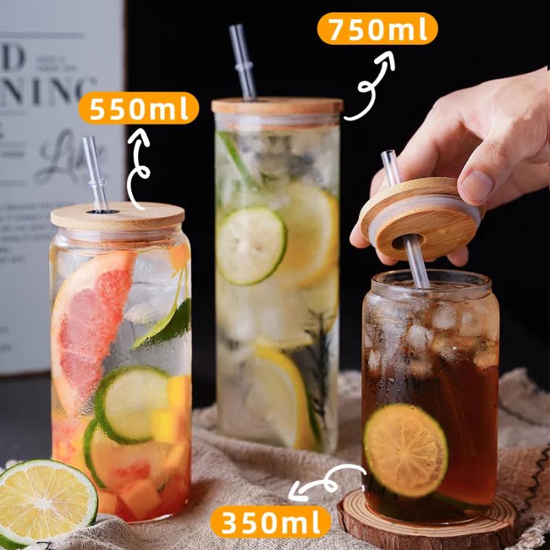 Drinking Cup Glasses with Bamboo Lid Juice Glass Straws Beer MugIce Coffee Mugs Cute Glasses Beer Jars Glasses Brush Drinkware