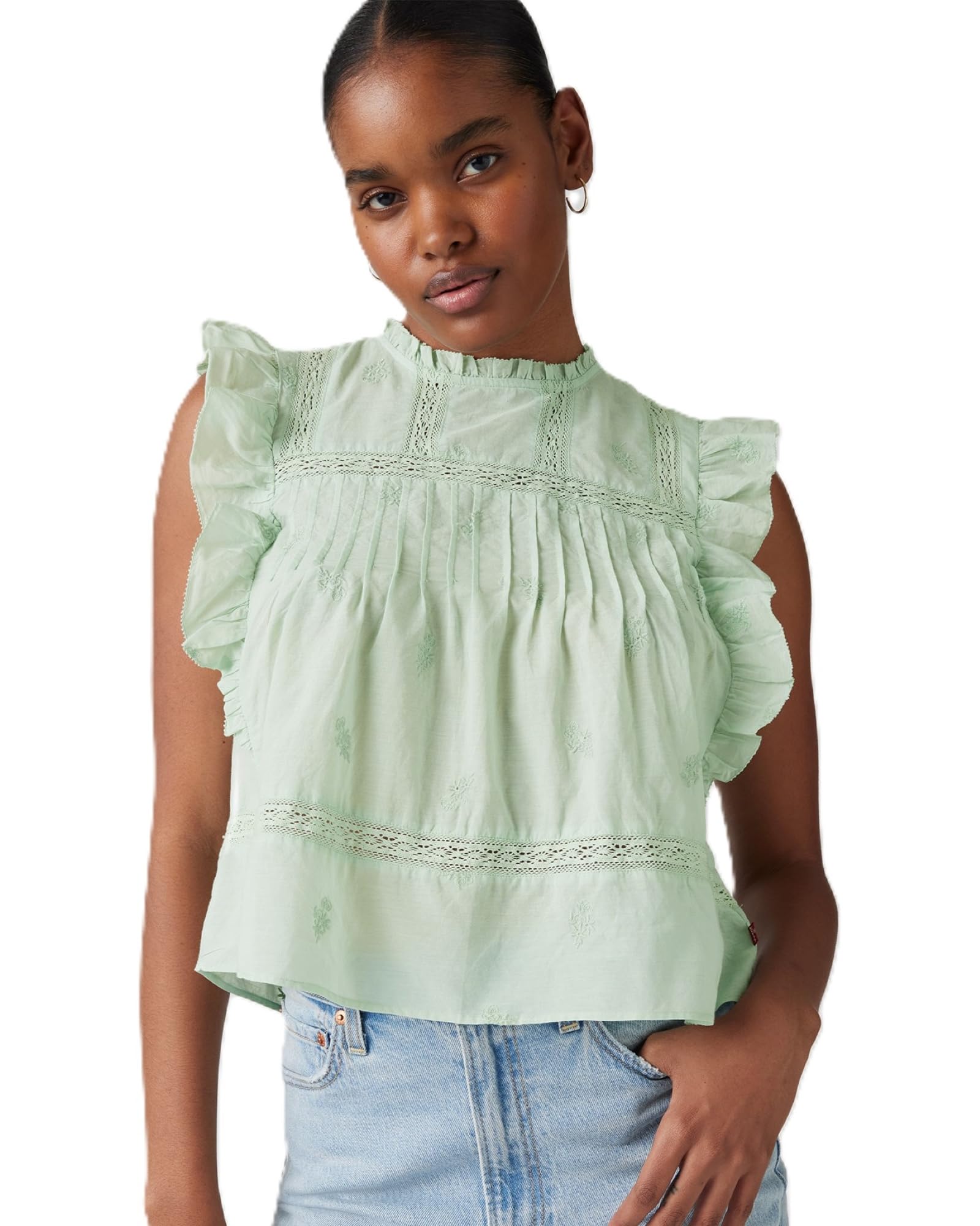 Levi s EDITH Flutter Sleeve High Neck Ruffle Blouse Sleeveless SILT GREEN