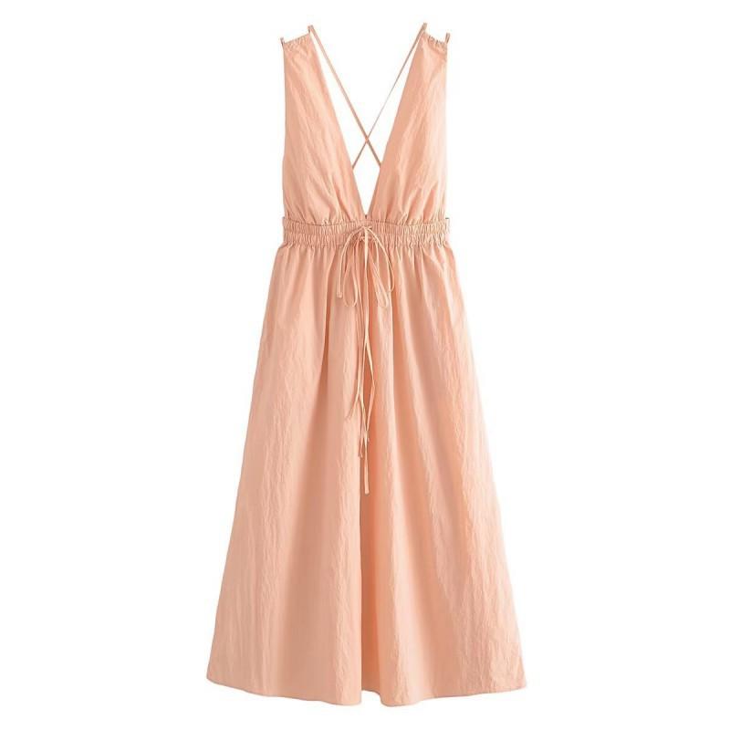 European American Women s Clothing Sexy Deep V-neck Large Backless Nylon Midi Waist Slimming Dress S