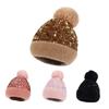 2021 New Sequined Wool Cap Women's Plush Warm Removable Hairball Knitted Hat