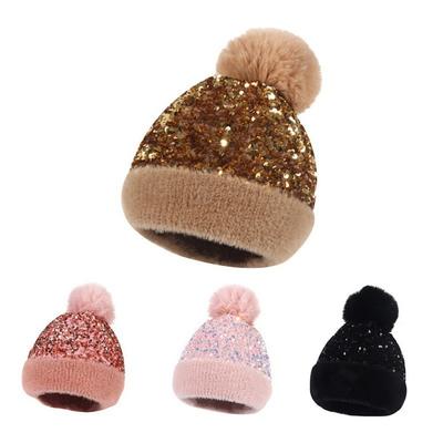 2021 New Sequined Wool Cap Women's Plush Warm Removable Hairball Knitted Hat