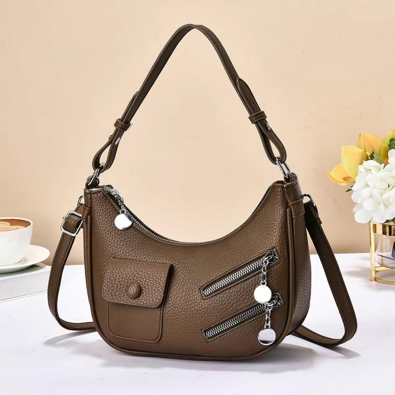 Fashionable Crescent Shoulder Bag with Multiple Zippers and Pocket Details Simple Crossbody Bag Solid Color Suitable for Daily Shopping