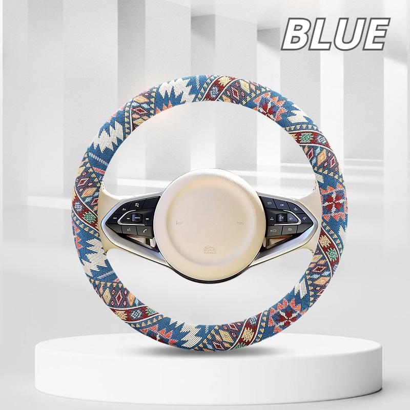 Breathable Linen-Feel Steering Wheel Cover, Oriental Ethnic Pattern for 14.5-15 Inch Wheel, Comfort Grip All-Season