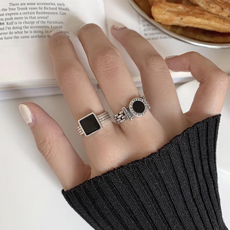 Retro Geometrischer Schwarzer Offener Ring mit Römischen Ziffern - 925 Silber Damen Mehrschichtiger Hip Hop Zeigefingerring