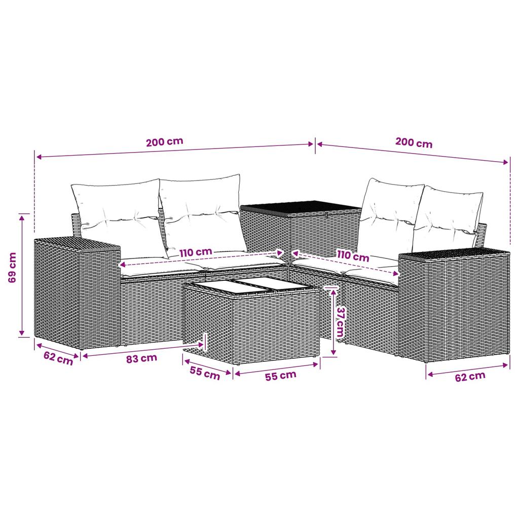 Sofa Set 6 Pieces Black and Cream White Poly Rattan and Steel
