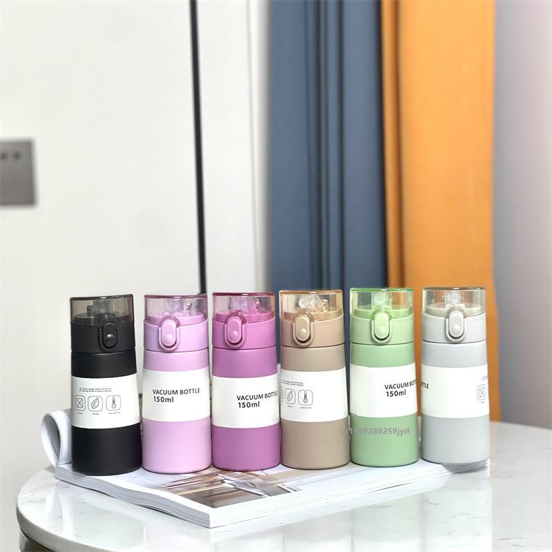 1pc 150ml/250ml Mini Thermos Cup Leak-proof Thermos Insulated Cup With Straw Portable One-button Opening Pocket Thermal Mug