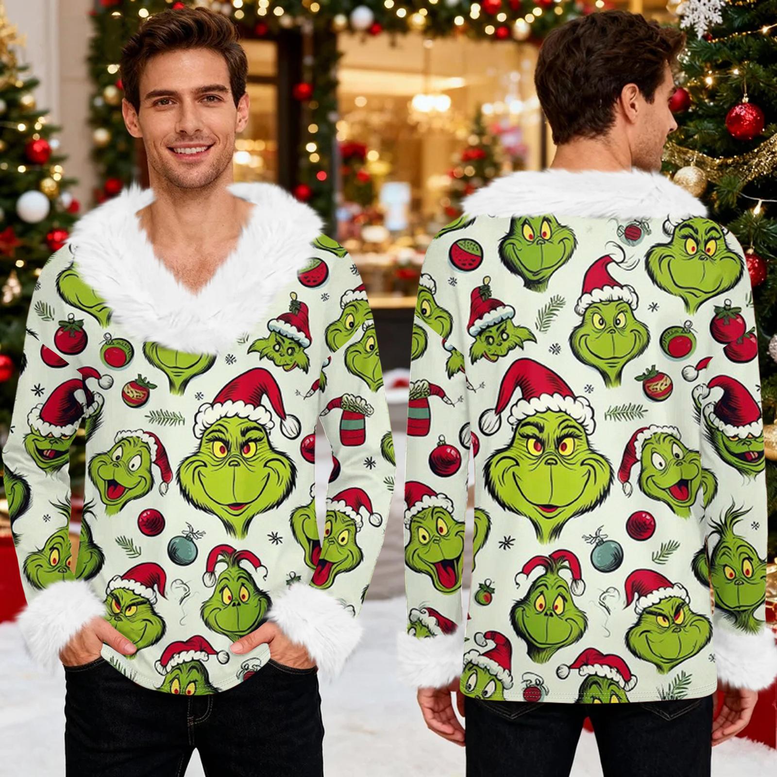 

Мужское худи с рождественским принтом и флисовой подкладкой | Праздничный свитшот с отделкой из искусственного меха и карманом | Праздничный пуловер большого размера свободного кроя L