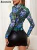 Spring New Elegant Floral Print Mesh Collar Ruffle Edge Women's Top