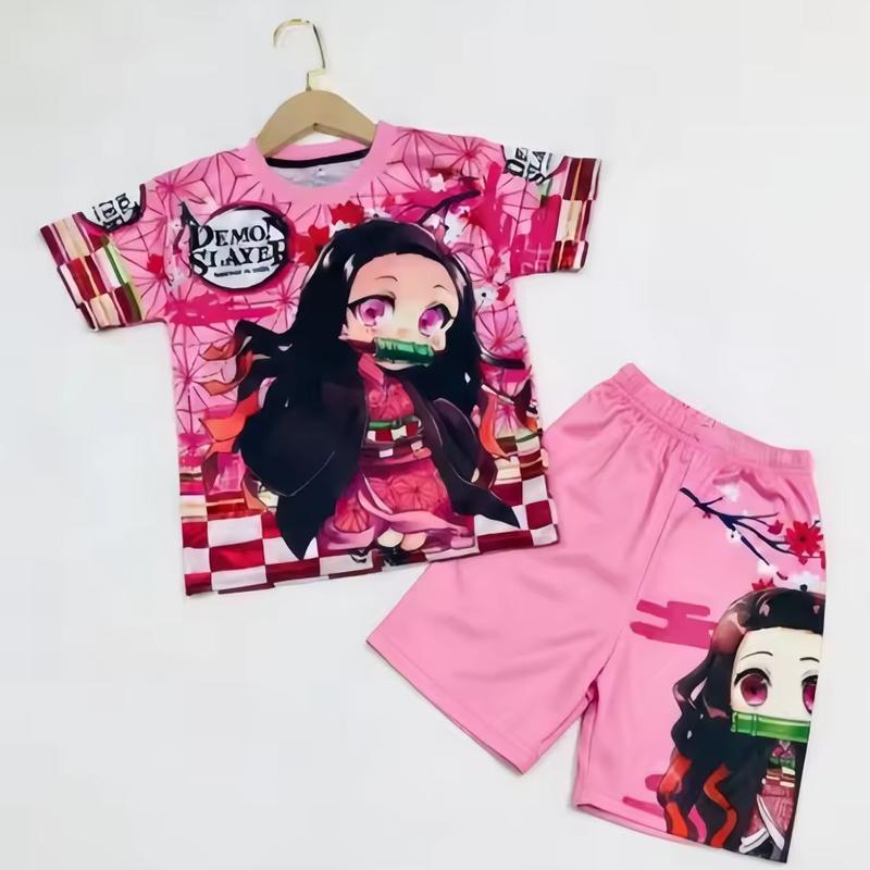 Demon Slayer Kyojuro Rengoku Flame Hashira 2-Piece Set Short Sleeve T-shirt and Matching Shorts Anime Print Casual Loungewear