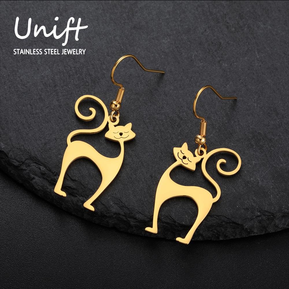 Unift Sassy Kitten Cat Charms Earrings for Women Girl Stainless Steel Dangle Earring Lovely Zircon Ear Piercing Pet Lover Gift