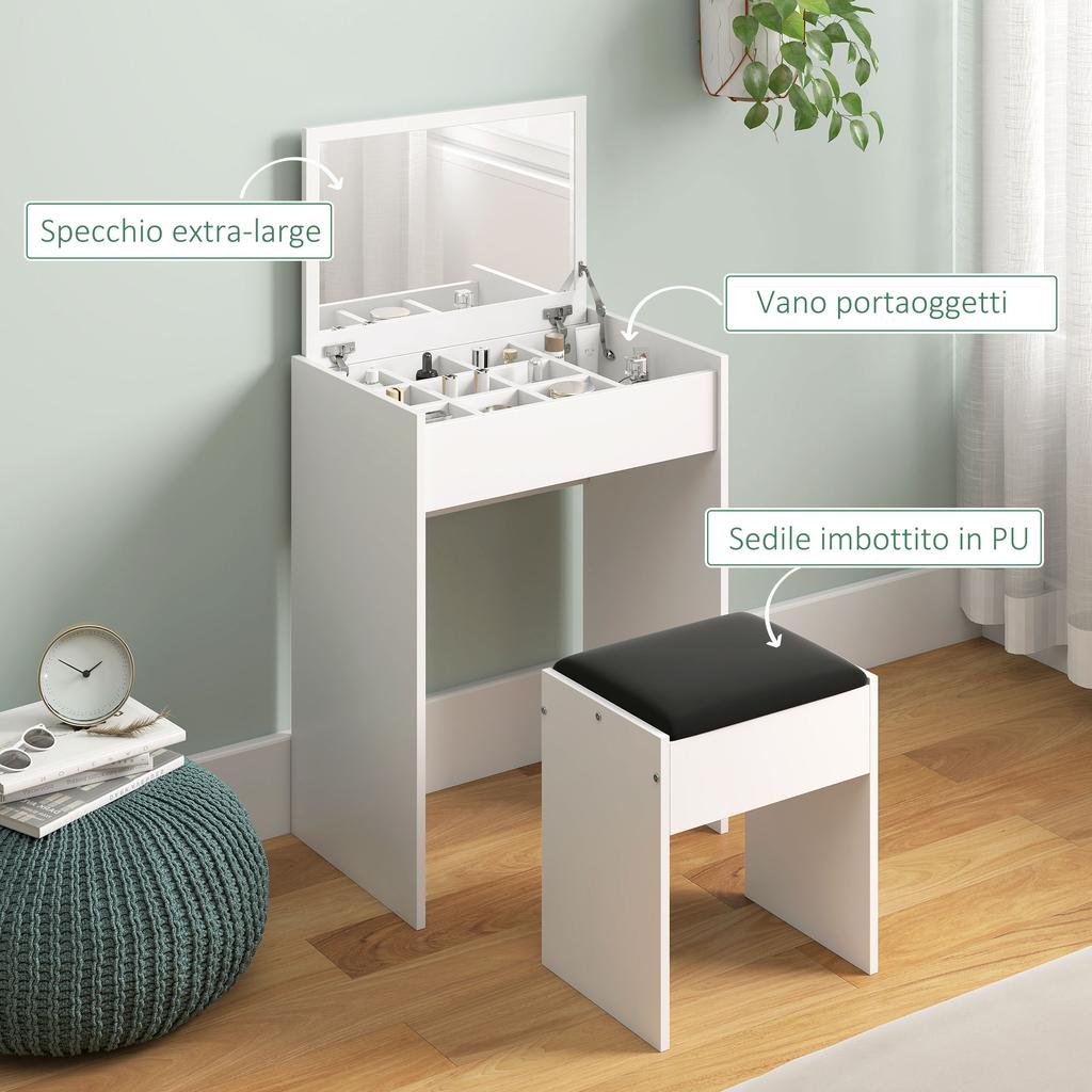 Tocador de Maquillaje con Espejo Plegable, Tocador de Maquillaje Moderno, con Taburete, Compartimento de Almacenamiento con 10 Secciones, MDF Blanco, 60.2 x 40.2 x 79cm