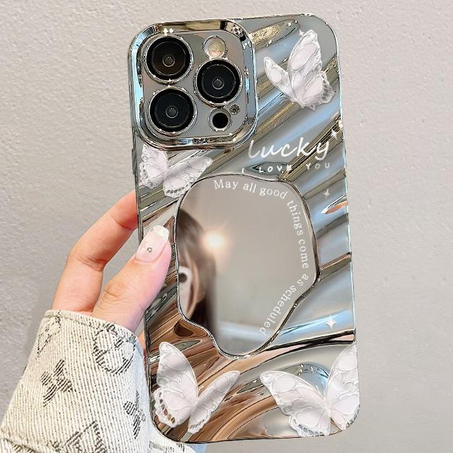 Butterfly mirror chain is suitable for Apple 15 mobile phone case iphone14pro electroplated silver wave pleated mirror 13.