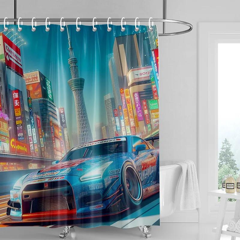 Textile Article Light Car Illustration Shower Curtain Waterproof Bathroom Shower Curtain Modern Simple Bathroom Decoration With Hooks