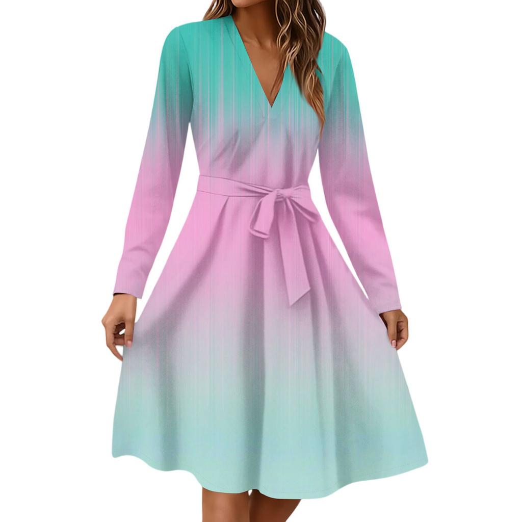 Women's Fashion Casual V-Neck Long Sleeve Waist Floral Print Midi Dress