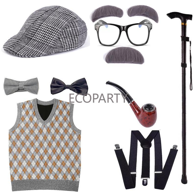 New Kids 100 Days of School Costume for Boys Halloween Old Man Costume Hat Glasses Wig and Grandpa Vest Cane Full Set Child