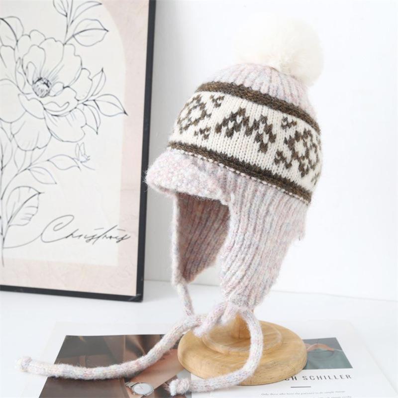 Autumn and Winter Warm Knitted Hat Women's Travel Versatile Bag Head Hat Cold Protection Ear Straps Wool Lei Feng Hat