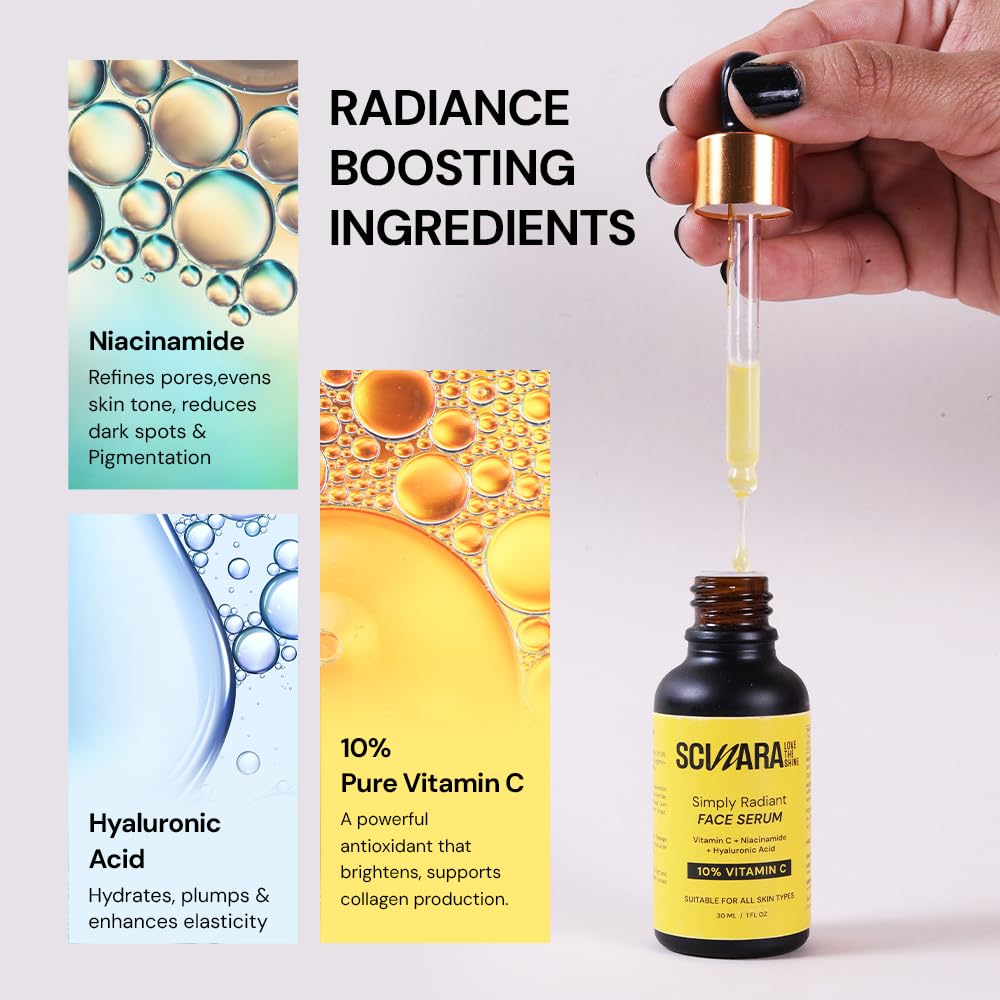 Scinara Simply Radiant Face Serum with 10% Vitamin C, Niacinamide & Hyaluronic Acid | For Glowing Skin | Reduces Dark Spots & Hyperpigmentation | A