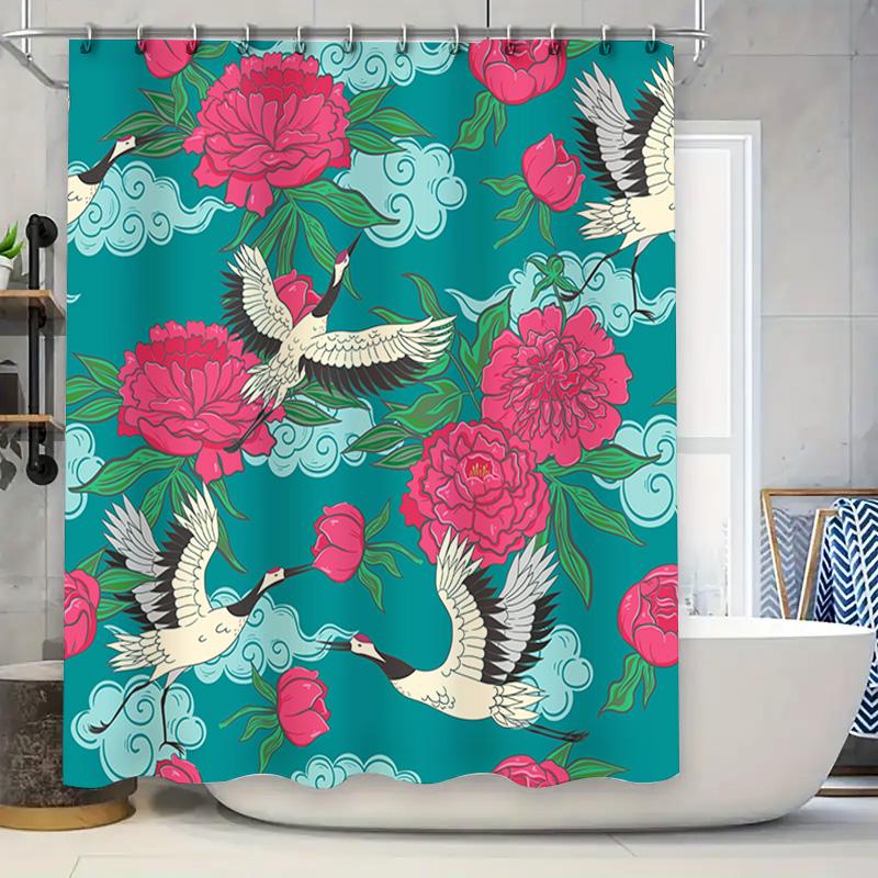 

Vintage Peony Crane Print Shower Curtain Creative Floral Design For Bathroom Decorations W60H190(CM)-1 Pcs
