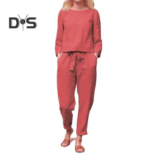 

2 шт./комплект женский топ брюки комплект круглый вырез длинный рукав блузка винтажные эластичный пояс брюки повседневный досуг свободный наряд M кирпич красный