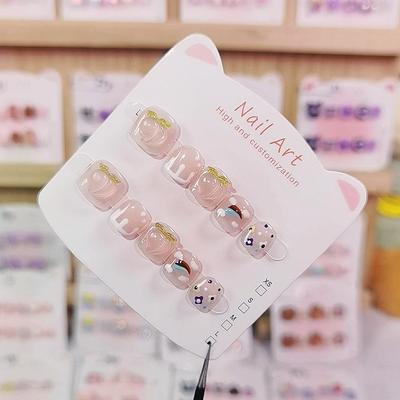Handmade Peach Rainbow Wearable Nail Stickers for Girls (Ages 3-12) - Cute Cartoon Reusable Beauty Nails