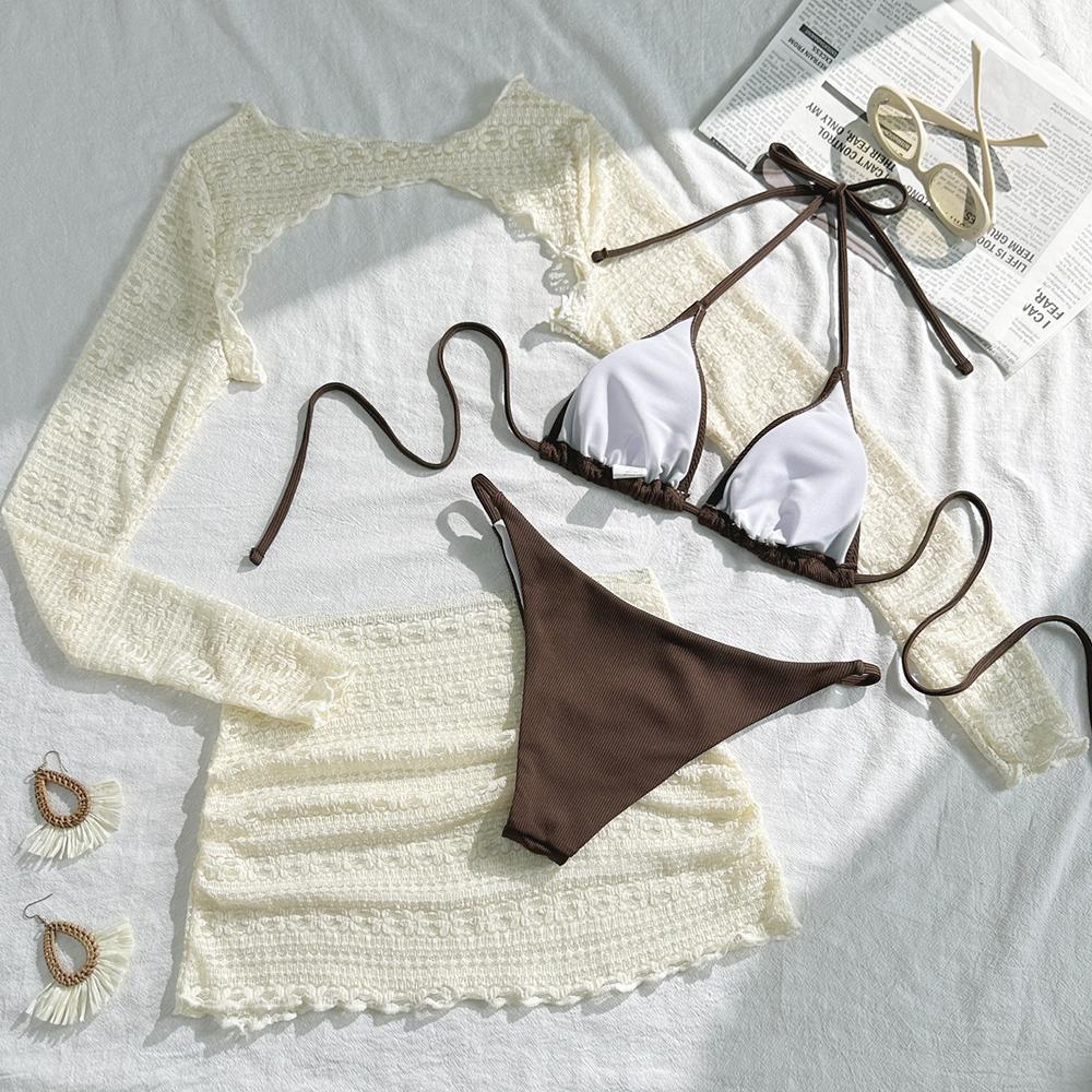 Women Bikini 4 Piece Set Tie Dye/Mesh Lace Long Sleeved Top Skirt Bottom Halter Bikini 2025 New Sexy Slim Beachwear Size S-XL