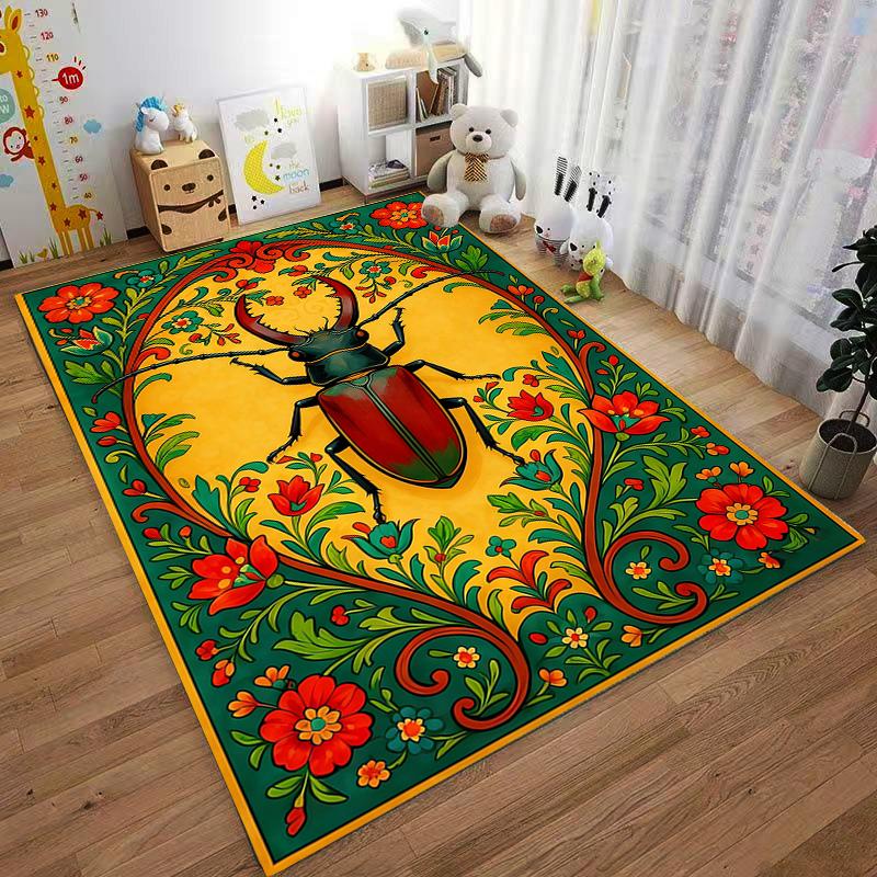 Colorful Beetle and Floral Pattern Carpet with Vibrant Yellow Background Suitable for use as an anti-slip for living room bedroom sofas