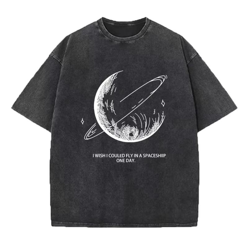 2026 Neues Schweres Reines Baumwollgewaschenes T-Shirt Locker Übergröße Retro Used Street Style Monddruck Kurzarm Basisschicht