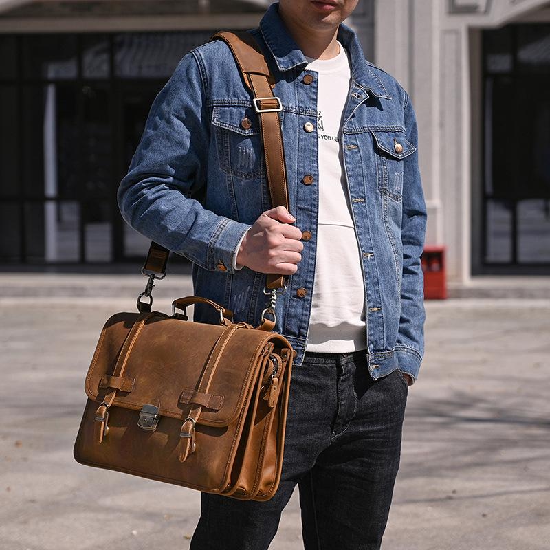 Retro British Style Briefcase, Genuine Leather Exquisite Business Men'S Bag, Crazy Horse Leather Handbag, Cowhide Commuter Computer Bag