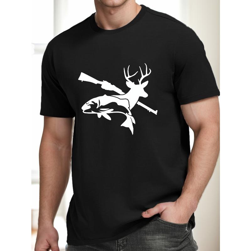 European Size Men's Deer and Rifle Print T-Shirt, Summer Casual Short Sleeve T-Shirt