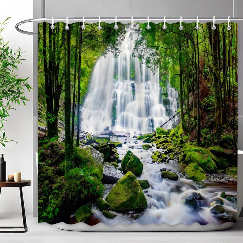 Outdoor Scenic Forest Shower Curtain With Hooks Green Plant Tree Waterfall Landscape Waterproof Shower Curtains Bathroom Decor