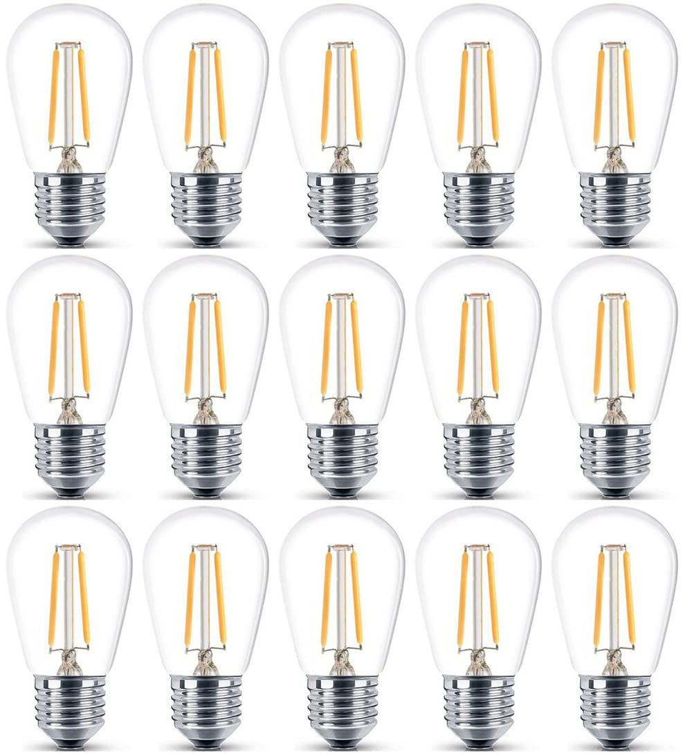 

Pack of 15 S14 2W 200LM LED Filament Bulbs, E26 Base, 2700K-3000K Warm White, 100-130V AC, Replacement for 20W Incandescent Lamps, UL Certified