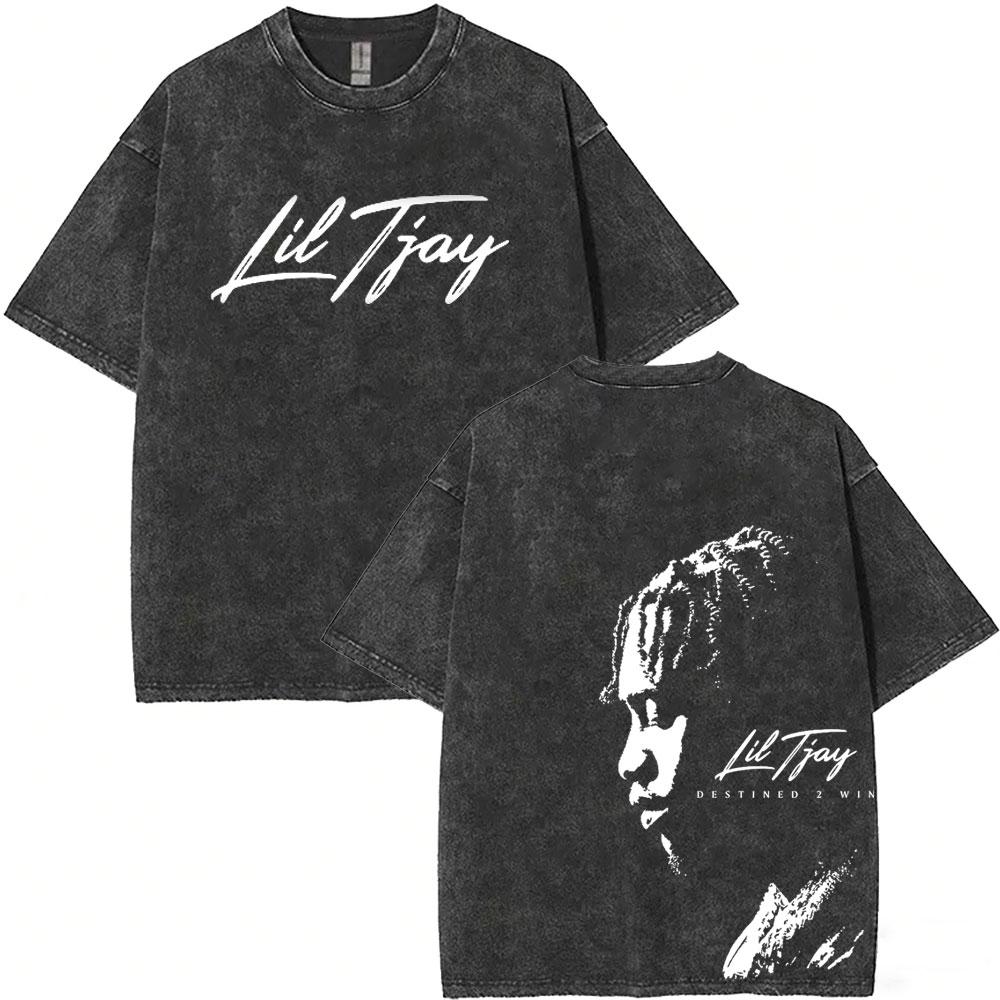 Washed Vintage Rapper Lil Tjay Face Graphic Tshirt Destined Win Tshirts Men Women Hip Hop Fashion High Quality T Shirts Tops