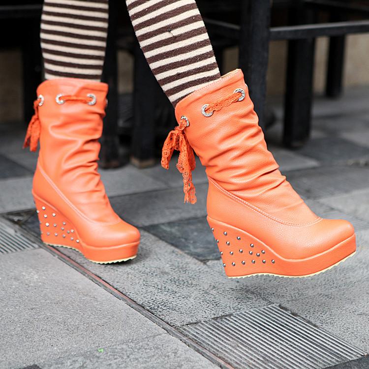 European and American fashion short boots wedge heel high heel women's boots sweet lace belt lady shoes trick