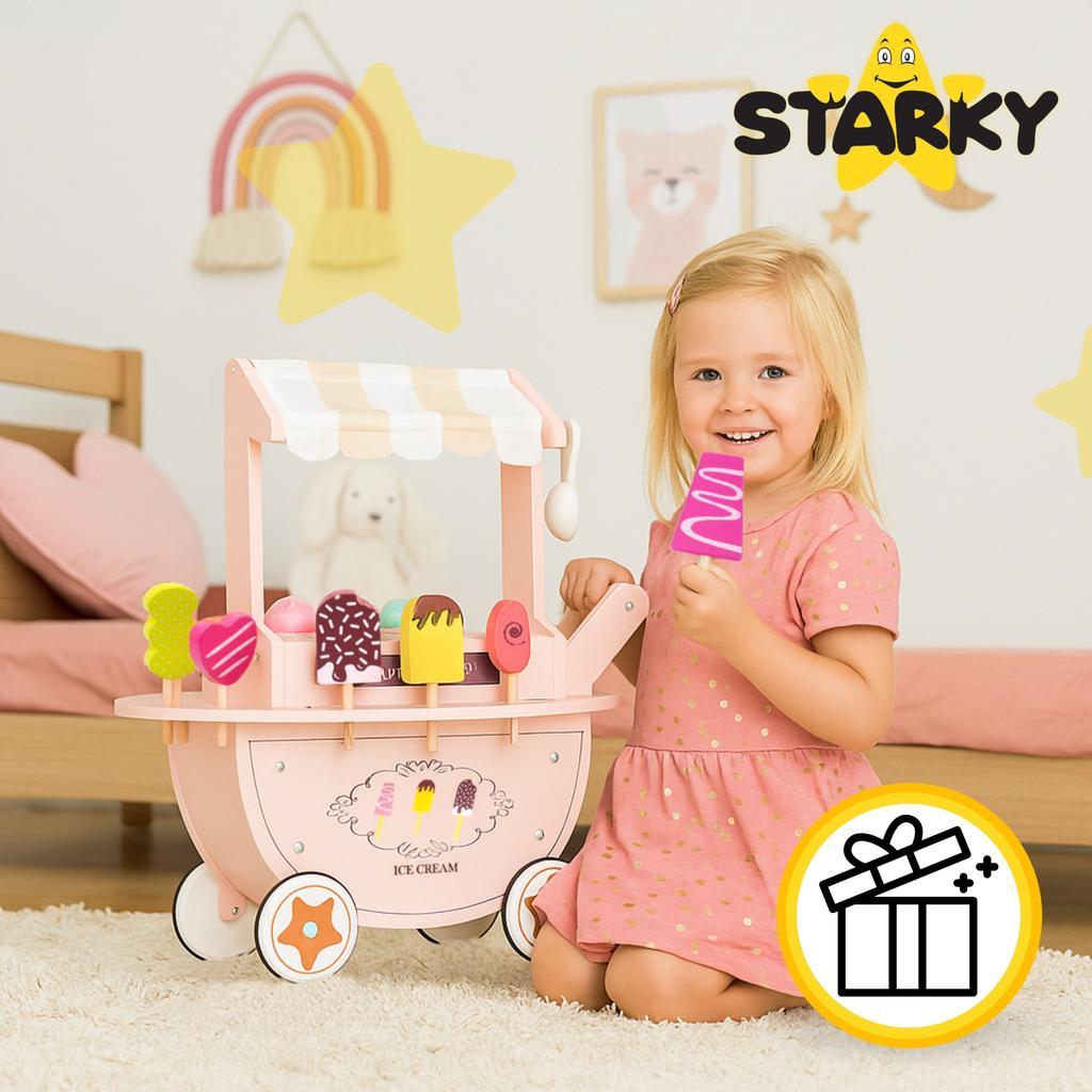 Wooden ice cream shop for children, toy, trolley on wheels, ice cream scoops, sticks