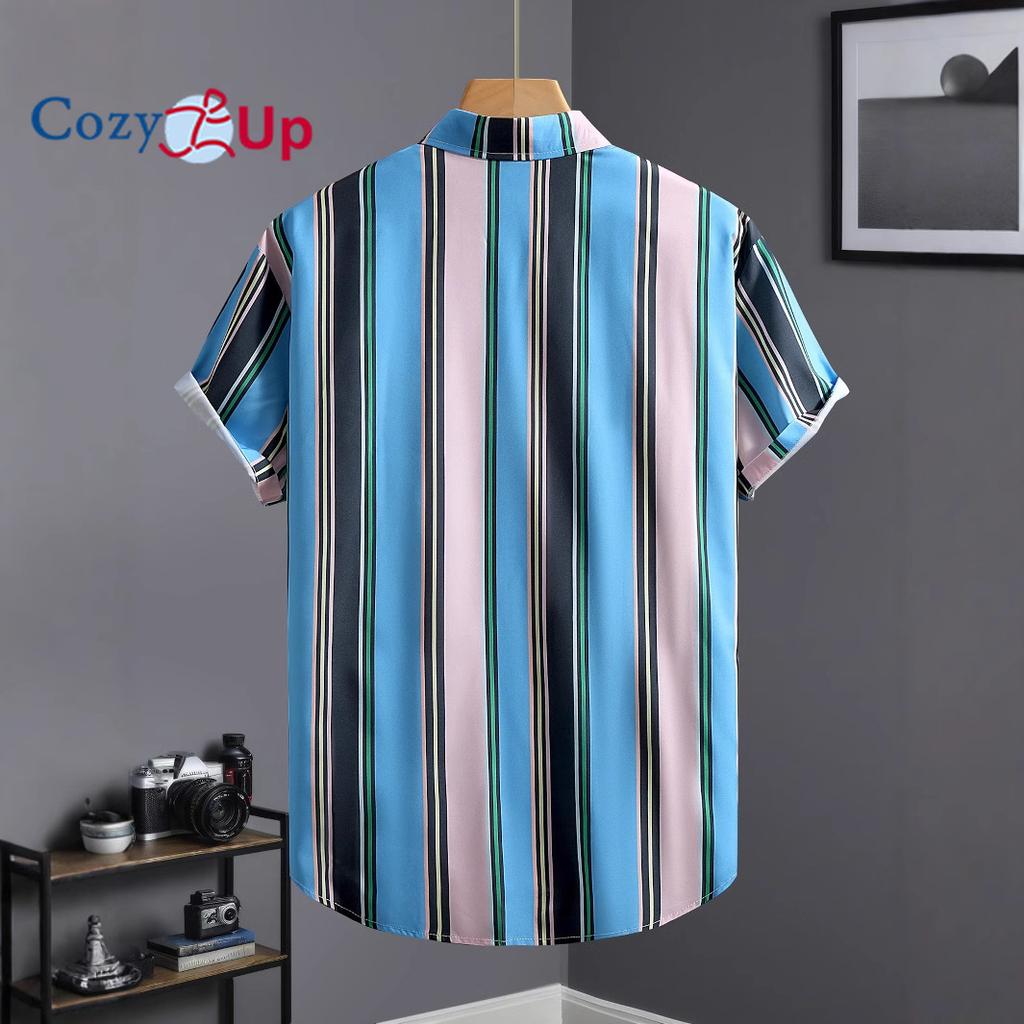 Men's Short Sleeved Shirt with Lake Blue, Black and Pink Stripe Print Shirt for Men Summer Casual Wear
