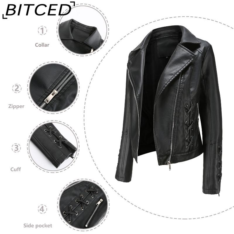 BITCED Fashion Knitted Leather Jacket for Women with Straps Trendy Clothing Casual Jacket