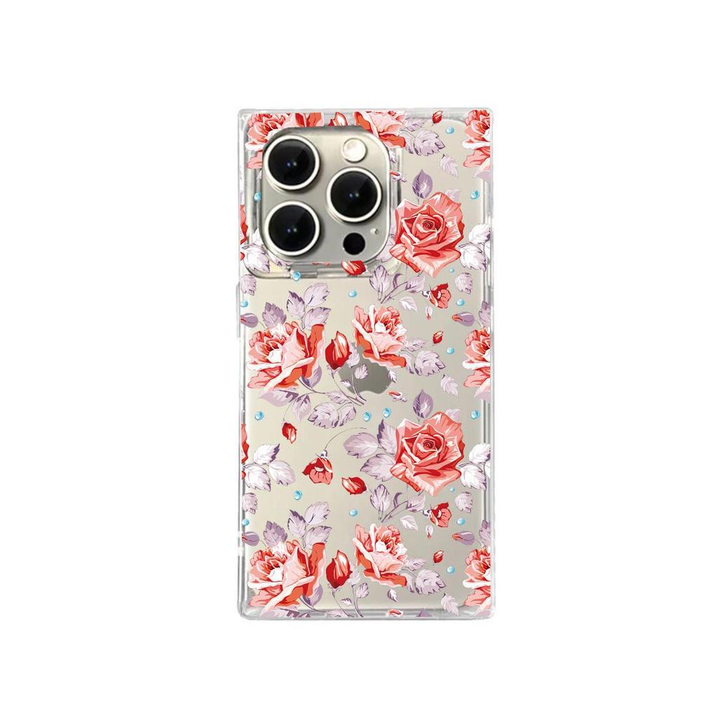 Clear Square Back Tube Case Protection For iPhone 12 13 14 Pro Max 15 Plus 11 16 ProMax Anti-Oxygen,Loving Roses Pattern Casing