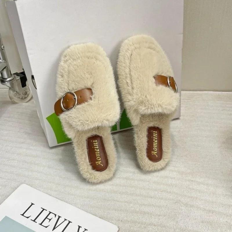 Slippers Casual Flock Med Shoes Platform Fur Flip Flops Cover Toe Slipers Women Slides Luxury Plush Flat 2024 Rubber  with fur
