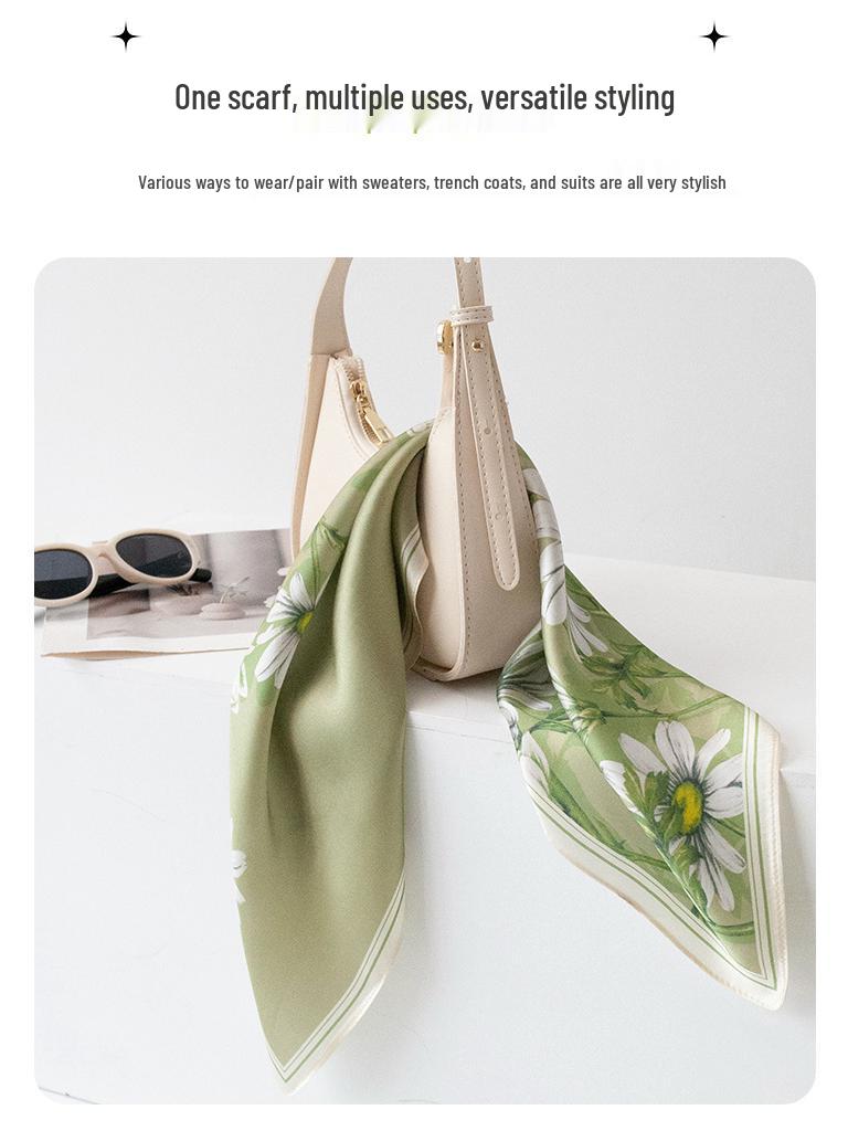 Elegant Green Daisy Mulberry Silk Scarf - Pastoral Style Women's Neck Warmer