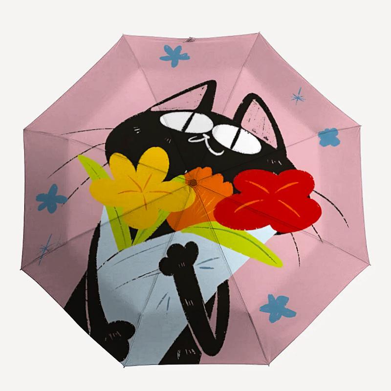 

1pc Flower Cat Automatic Folding Umbrella Portable Collapsible 8-Rib Umbrella for All Seasons, Casual Outdoor Accessory, B36