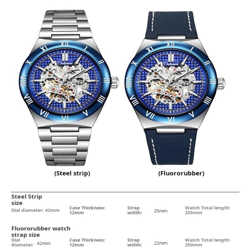 Dulunwe Skeleton Mechanical Watches Blue Roman Dial Watch for Men Automatic Watches Luxury Sports Waterproof Clock
