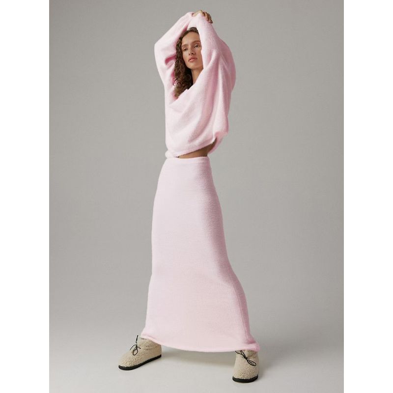 

Модный ветер Простой вязаный свитер с V-образным вырезом Юбочный костюм Вязаный свитер и юбка Pink M